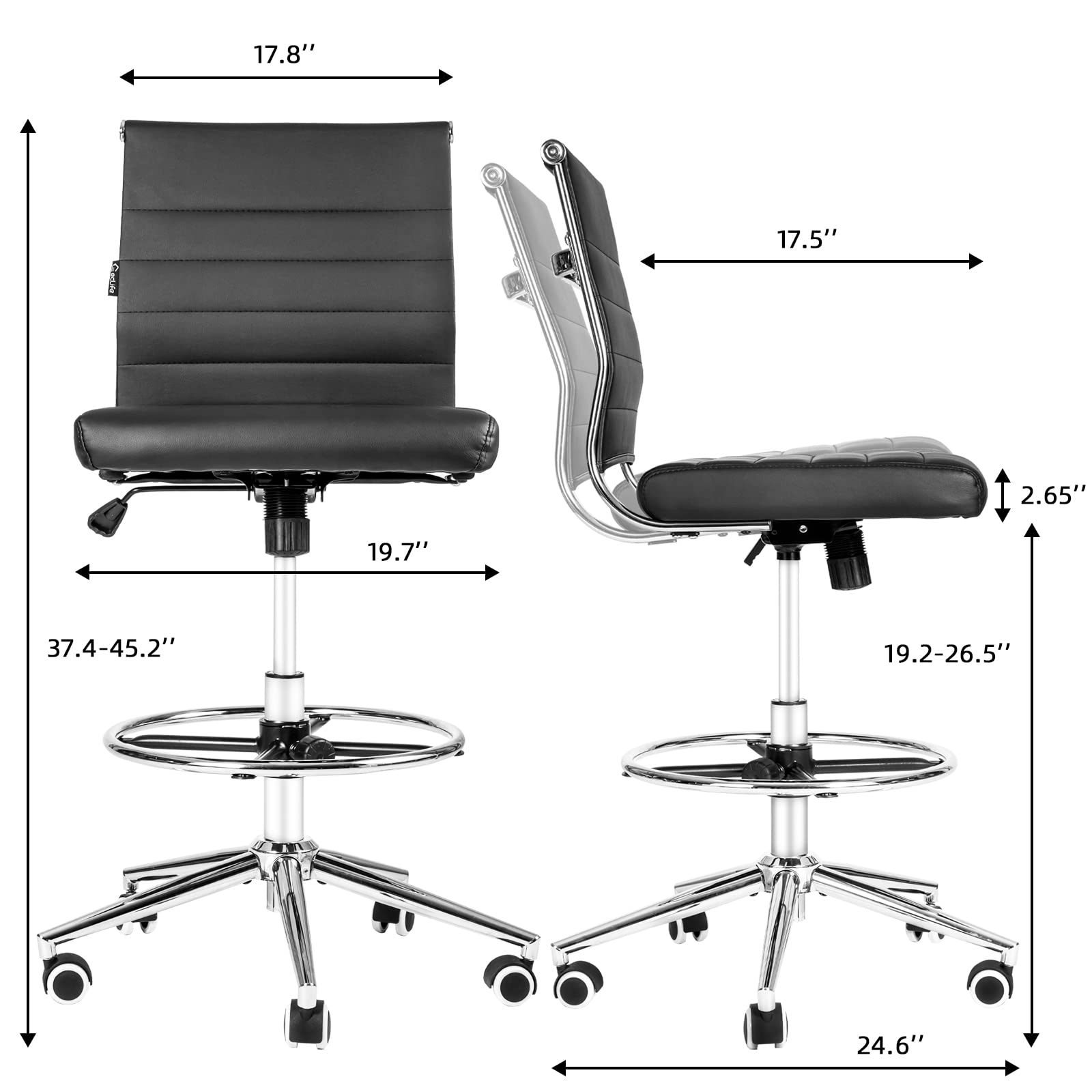 LUCKWIND Drafting Chair Tall Office Chair Ribbed - Mid-Back PU Leather Standing Desk Stool with Adjustable Foot Ring Wide Seat Tilt-Tension Rocker Lumbar Support Swivel Rolling 400lbs, Black - WoodArtSupply