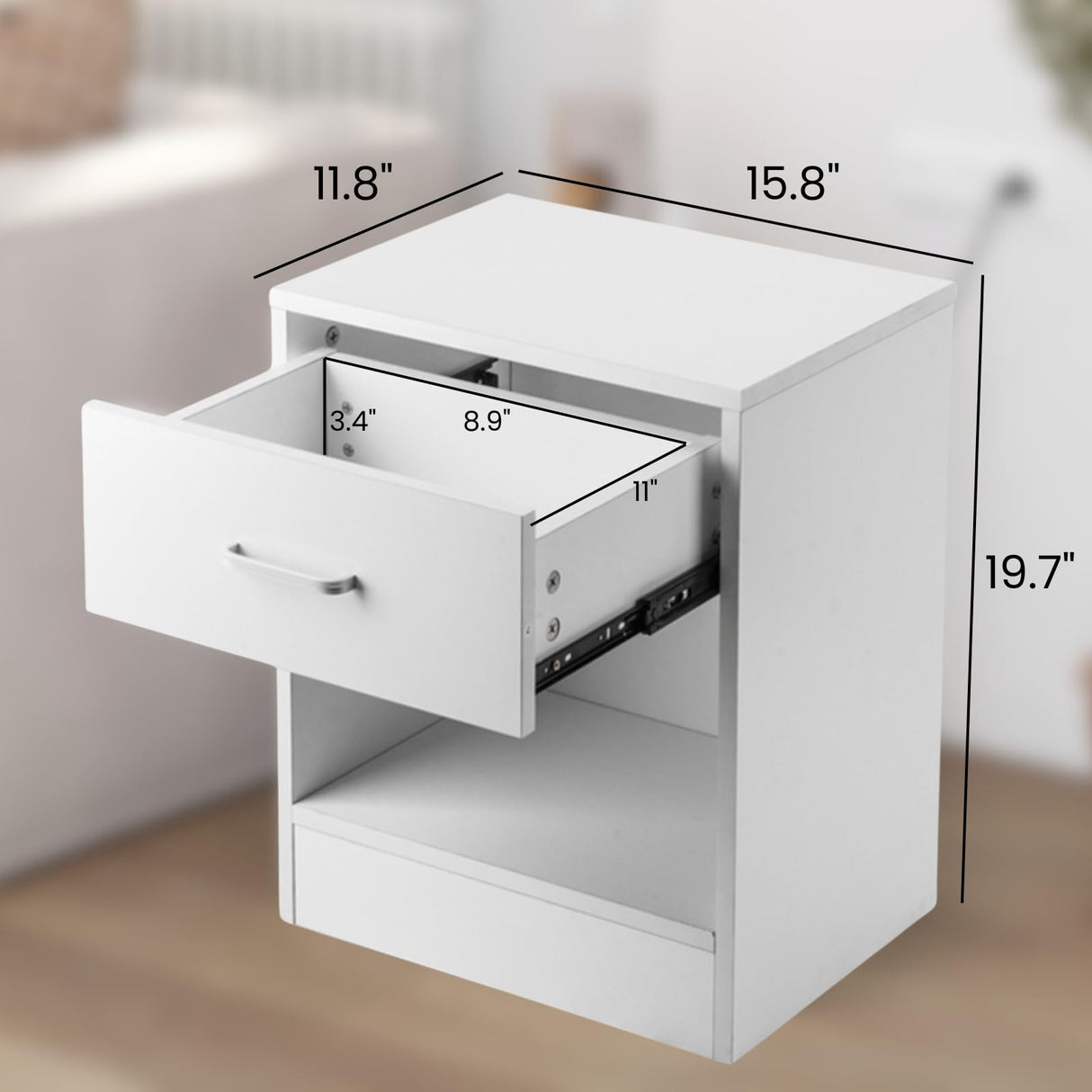 Karl home Nightstands Set of 2 with Drawer for Bedroom, Wood Night Stand Set 2 with Open Shelf, Modern Nightstand Bedside Tables Set of 2, End Table, White Karl home
