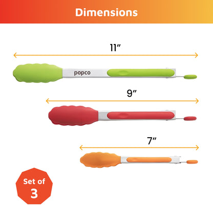 Popco Silicone Tongs for Cooking - Kitchen Tongs Set of 3 (7, 9, 12 inches) - Stainless Steel BBQ Tongs with Silicone Tips for Cooking, Grilling, Serving - Non-Stick, Heat-Resistant, Dishwasher Safe