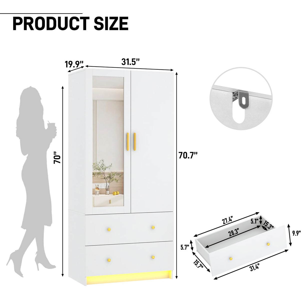 jiteentarou 2 Door Wardrobe Closet with Mirrors and LED Lights, Small Bedroom Armoire with Drawers, Modern Wooden Armoire Wardrobe Closet with Hanging Rod for Bedroom, White jiteentarou
