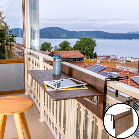 Balcony Bar Table for Railings, Outdoor Folding Deck Rail Table for Patio, Balcony Hanging Desk for Many Railings Compatible, Wooden Bar Serving Table for Porch (Walnut, L: 39.5 x 11.8 inches) GENESIS WOODESIGN