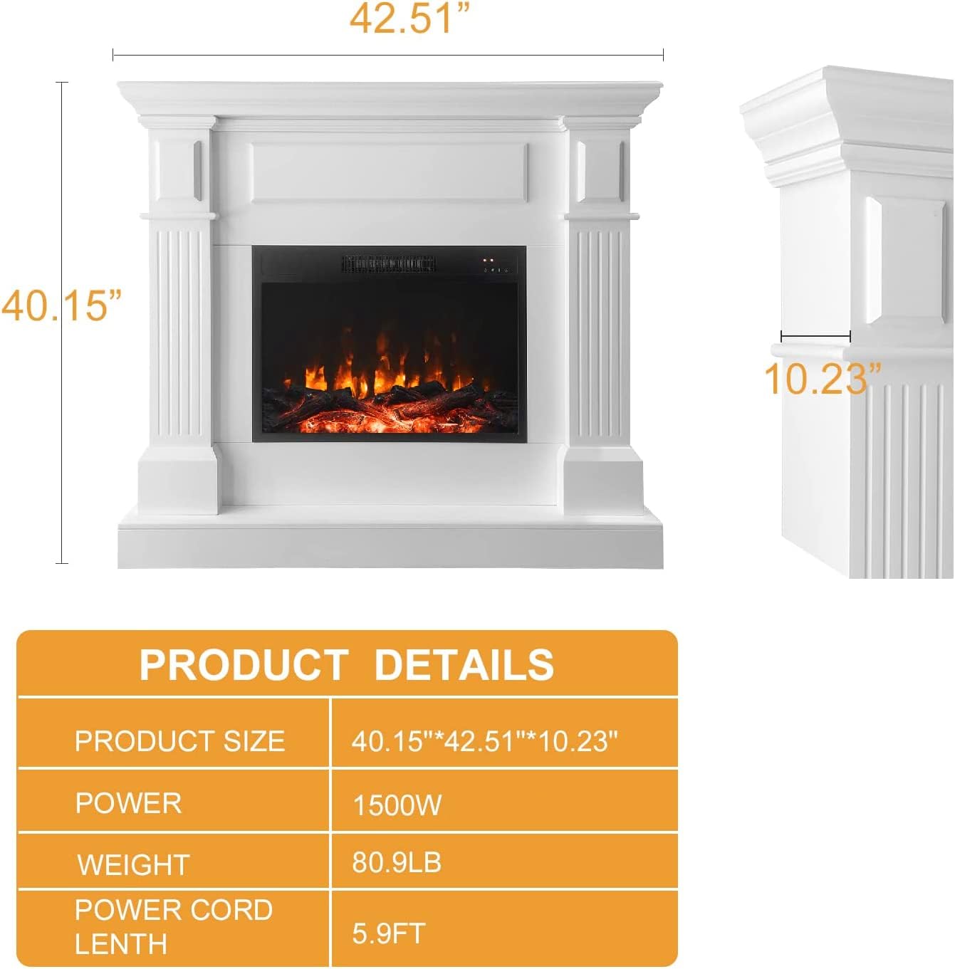 43 Inch Electric Fireplace with Mantel, Tall Fire Place Heater Freestanding with Remote Control Timer LED Flame for Living Room Bedroom, White