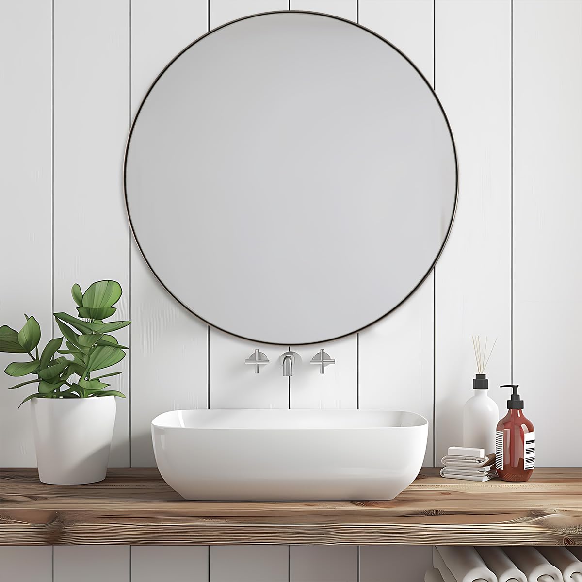 ANDY STAR 36'' Chrome Round Mirror, Polished Silver Round Bathroom Mirror, Big Circle Wall Mirror in Metal Frame, Large Vanity Mirror for Entryway, Living Room, Washrooms ANDY STAR