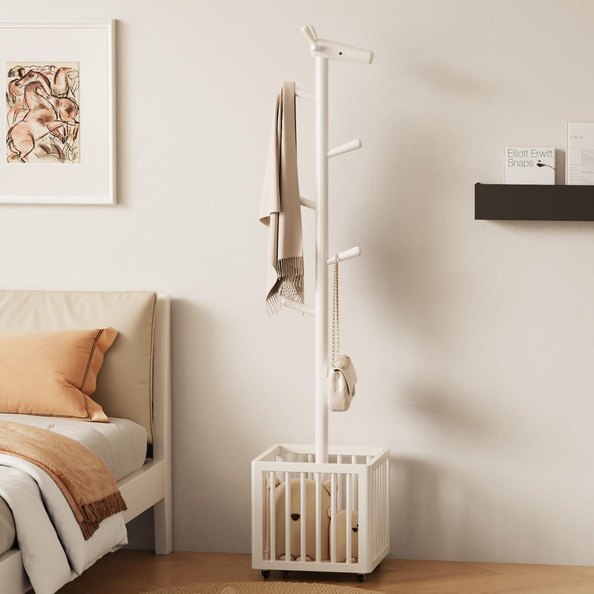 AQIMUELE Kids Coat Rack,Rubber Wood Entryway Coat Rack with 6 Hook for Bedrooms,Coat Tree(White) AQIMUELE