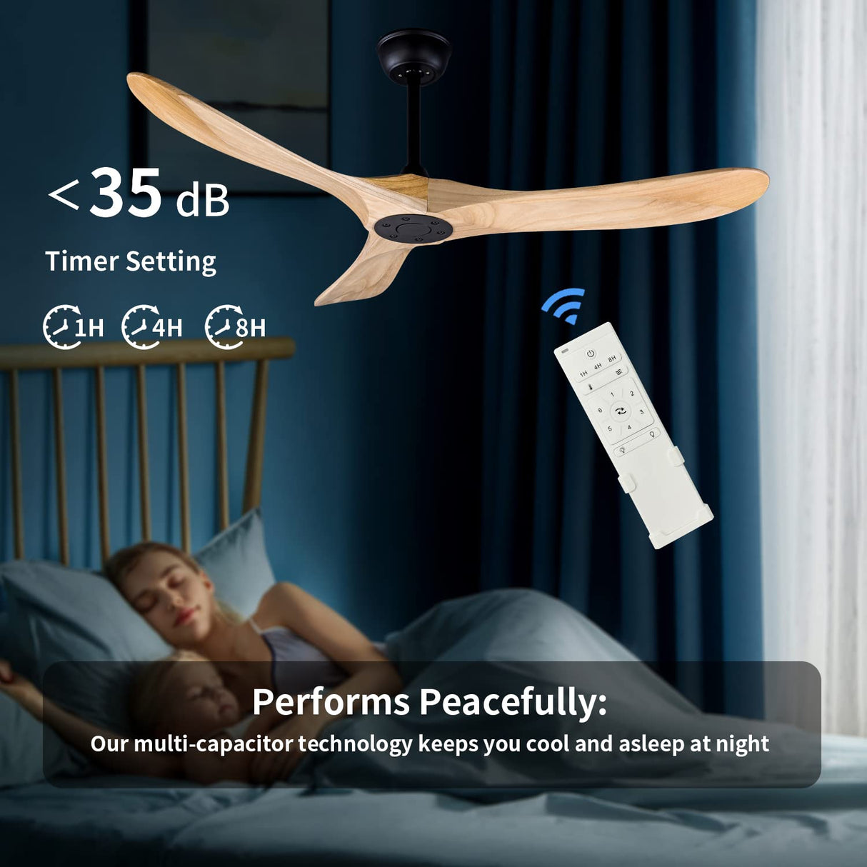 FOBLKS 52" Indoor/Outdoor Wooden Ceiling Fan, 3 Blade DC Ceiling Fan with Remote Control, 2 Downrods, Reversible DC Motor 22W Quiet Energy Saving FOBLKS