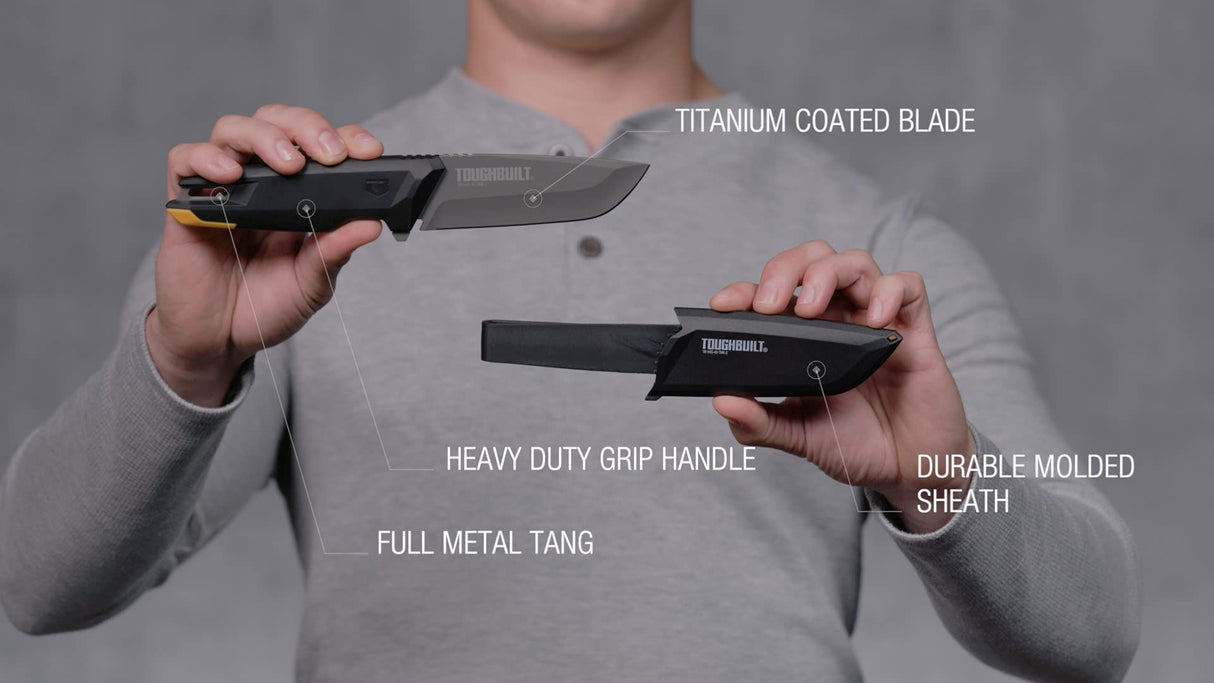 ToughBuilt Tradesman Knife with Sheath, 4” Titanium Drop Point Blade | TB-H4S-40-TMK-2 ToughBuilt
