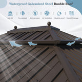 MELLCOM 10' x 12' Hardtop Gazebo, Brown Permanent Pavilion Gazebo with Curtains and Netting, Galvanized Steel Metal Double Roof Aluminum Gazebo with Aluminum Frame for Patio, Lawn & Garden MELLCOM