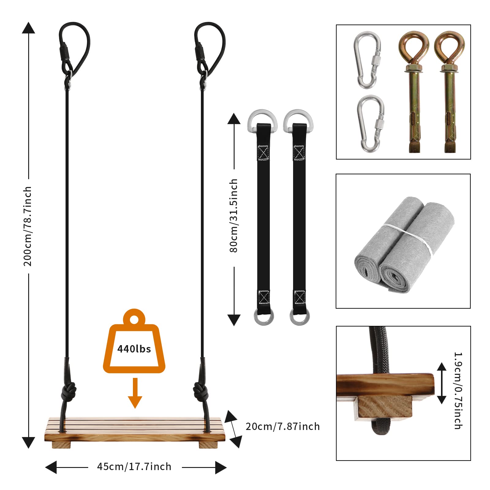 Wooden Swing Seat,Sofrose Carbonized Hanging Wooden Tree Swing for Children Adult Kids Garden,Yard,Indoor,Adjustable Rope Withstand 440IB,Adult Swings and Kids Swings - WoodArtSupply