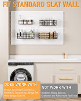 INCLY 4 Pack Black Slatwall Baskets Set, Ventilated Metal Hanging Storage Slat Wall Basket, Mounted Slatwall Accessories for Garage Rooms Shops Storage Organizing Display on Slatwall Panels INCLY