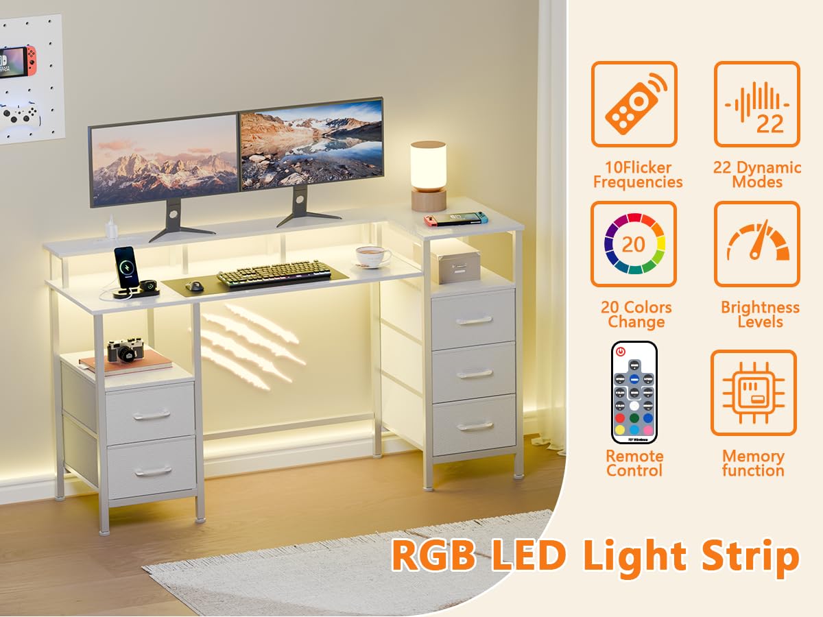 Korfile White Computer Desk with Power Outlets & LED Lights, Reversible Gaming Desk with 5 Fabric Storage Drawers, 47" Home Office Desk with Monitor Stand Shelves for Working, Vanity Table for Bedroom Korfile