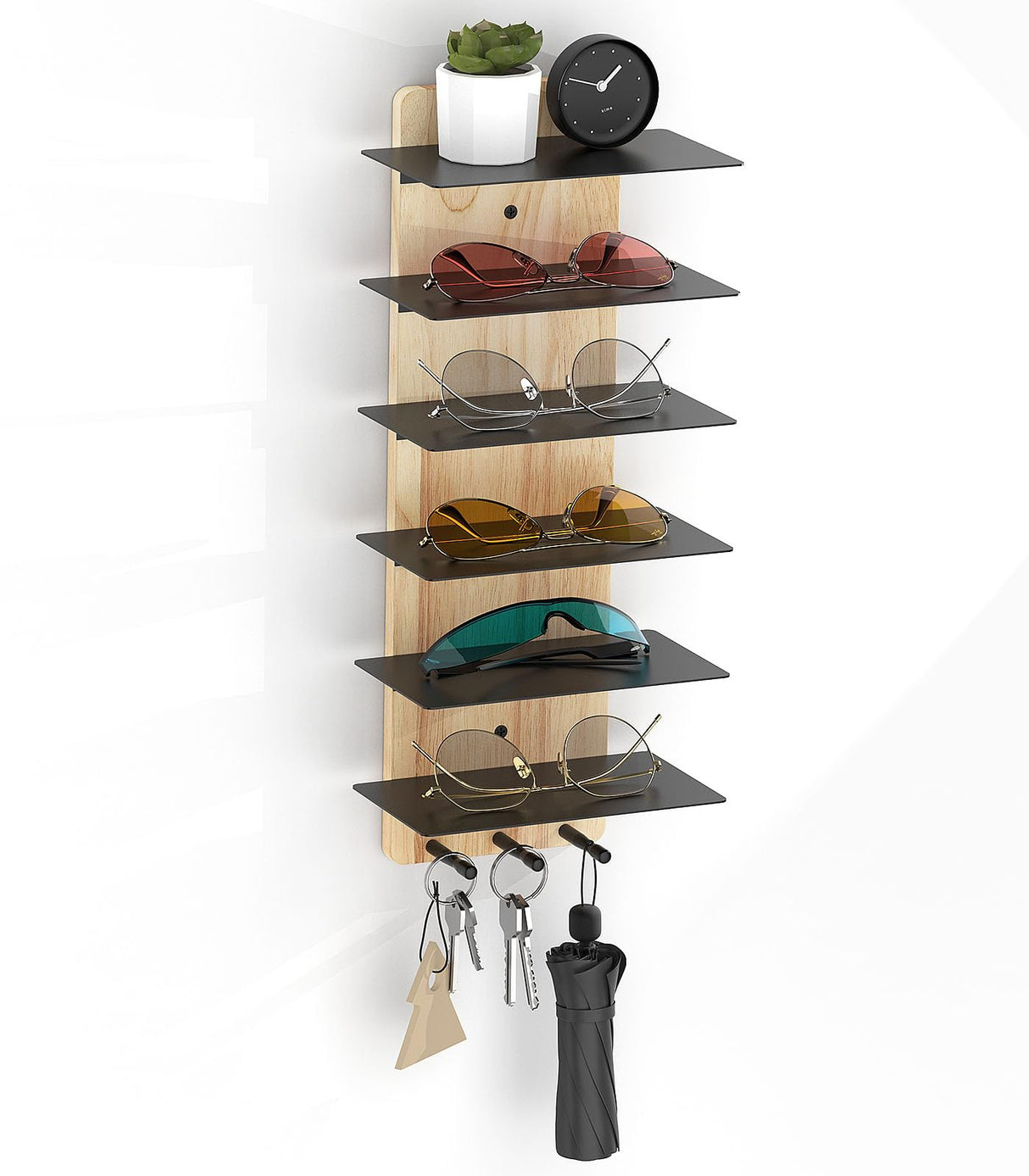 MoKo Sunglass Organizer Storage Rack, 6 Tiers Rustic Wood Sunglasses Display Rack with 3 Hooks, Wall Mounted Sunglass Storage for Entryway Living Room Bedroom, Wood + Black MoKo