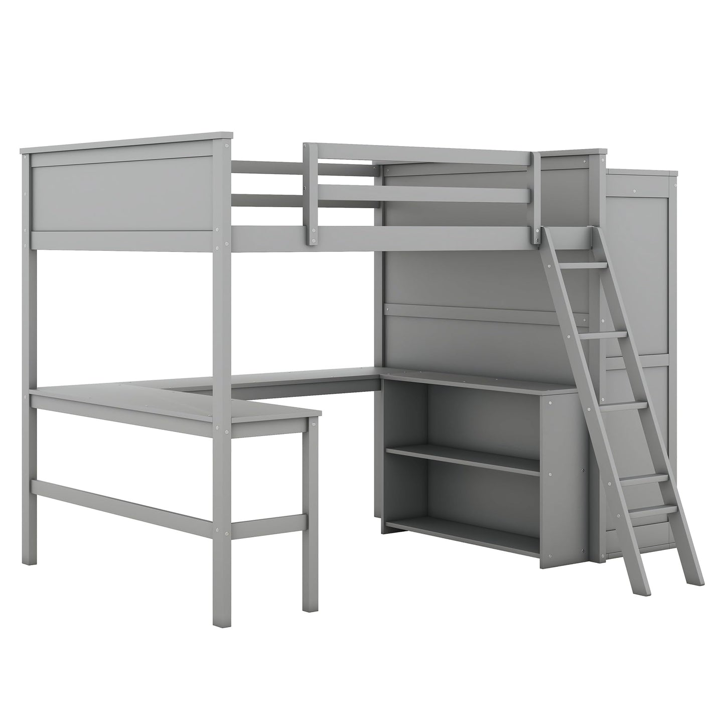 SOFTSEA Grey Full Size Loft Bed with Wardrobe, Desk & Storage Shelves for Enhanced Living - WoodArtSupply