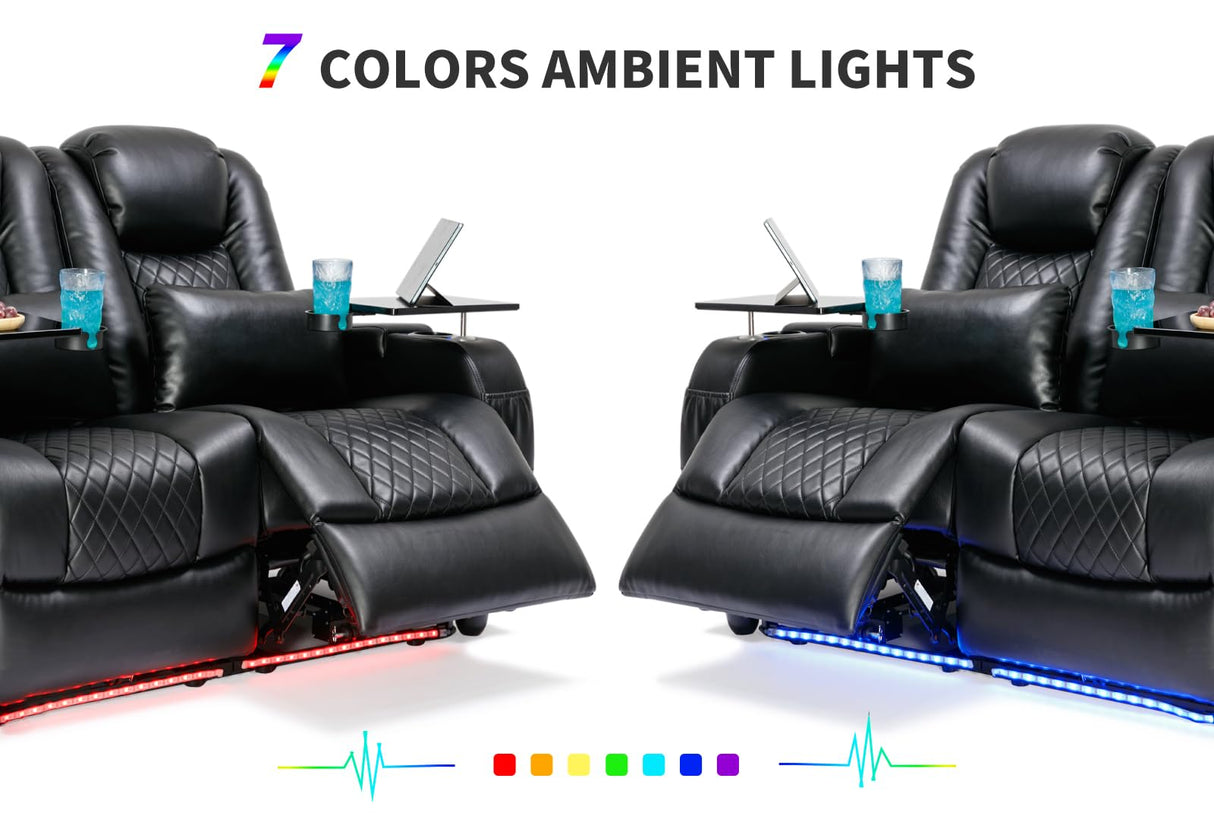 Airadlis Home Theater Seating Seats, Game Movie Theater Chairs Theater Recliner Sofa with 7 Colors Ambient Lighting, Lumbar Pillow, Side Pocket, Tray Table, Power Recline, Black Airadlis