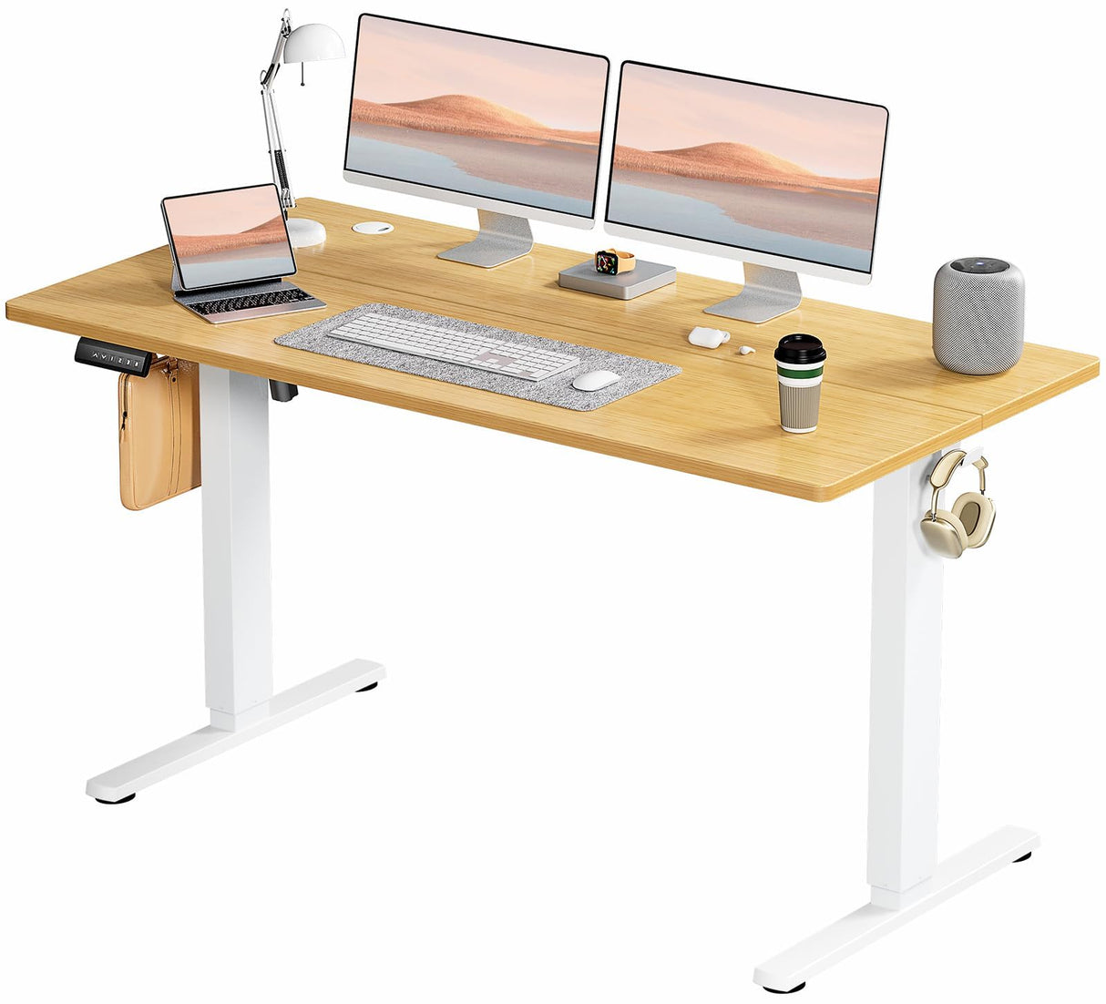 SMUG Standing Desk, Adjustable Height Electric Sit Stand Up Down Computer Table, 55x24 Inch Ergonomic Rising Modern Lift Motorized Gaming Desktop Workstation for Work Home Office, Natural SMUG