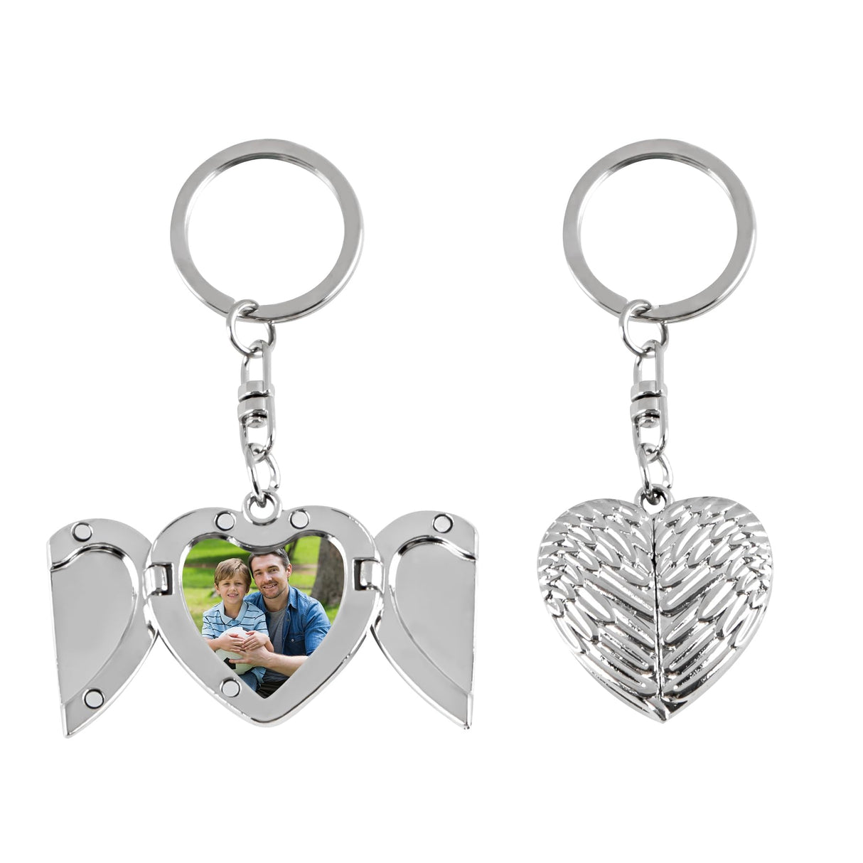 Framendino, 5 Pack Sublimation Angel Wing Keychains Blanks Heat Transfer Love Heart Pendants Charms Locket Photo Frame Key Chains Custom Personalized Picture Keychain Silver Framendino