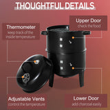 Outsunny Vertical Charcoal BBQ Smoker, 3-in-1 16" Round Charcoal Barbecue Grill with 2 Cooking Area, and Thermometer for Outdoor Camping Picnic Backyard Cooking, Black Outsunny