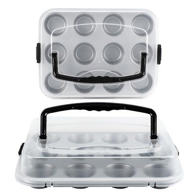 Spmarkt 2-Pack Muffin Pan with Carry Lid, Non-Stick 12-Cup Muffin Tin, Silver Cupcake Pan with Lid and Handle for Transporting, Suitable for Party, Holiday, Gathering etc
