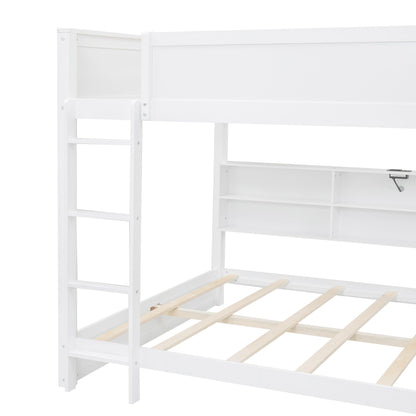 Modern Queen Over Queen Bunk Bed, Multifunctional Wood Bunk Bed with Storage Cabinets and USB Ports for Kids Teens Adults Bedroom (White-2)