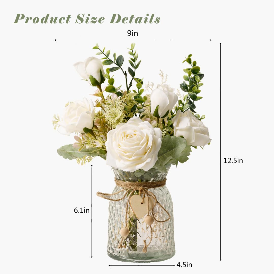YJ Fake Flowers with Vase, Silk Roses Artificial Flowers in Vase, Faux Flower Arrangement with Vase Suitable for Home Office Decoration, Dining Table Centerpiece(White) YJ