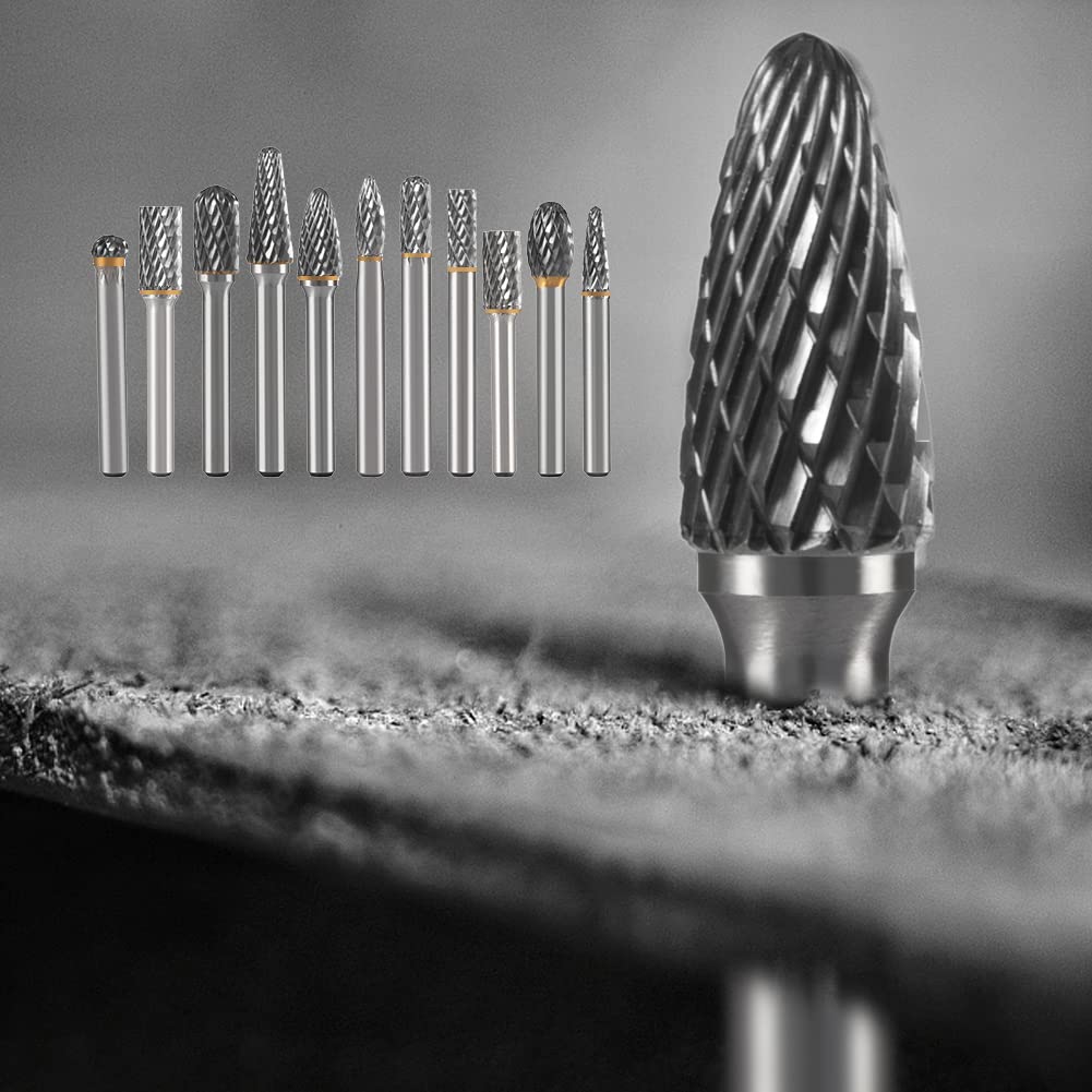 HIDOTOL Carbide Burr Set 1/4" Shank 10PC Tungsten Double Cut Carbide Rotary Burr Set for Metal and Wood Carving, Grinding, Polishing, Engraving, Drilling in Sturdy Round Case. HIDOTOL