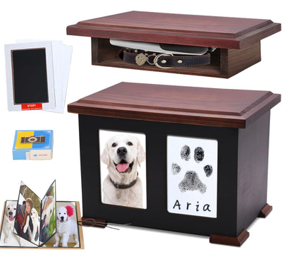 Sofunii Pet Urns for Dogs Ashes,XLarge Wooden Dog Urn Keepsake,Cat Urns for Ashes, Pet Memory Box Memorial Boxs with Paw Print Impression Kit&Album、Photo Frame for Loss Dogs Personalized