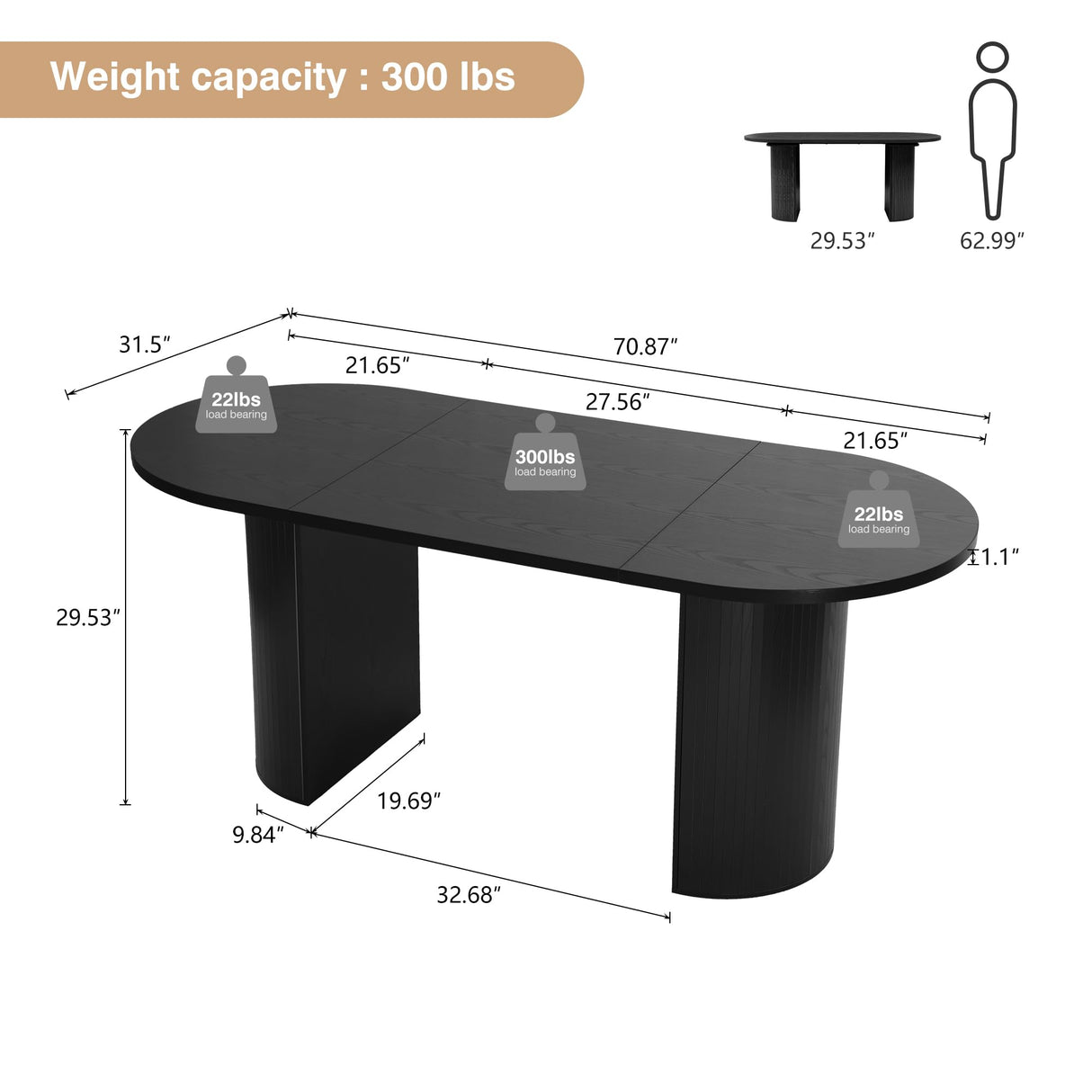 70.8 Inch Dining Table for 4-6 People, Oval Kitchen Table with Semi-Cylindrical Legs Base, Modern Farmhouse Round Dinner Tables for Dining Room Kitchen Living Room (Black) weselon