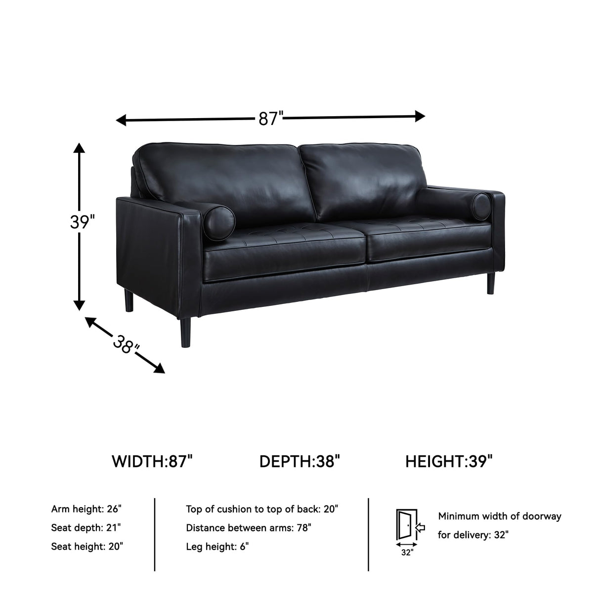 Signature Design by Ashley Bryceview Contemporary Leather Match Tufted Sofa with 2 Bolster Pillows, Black Signature Design by Ashley