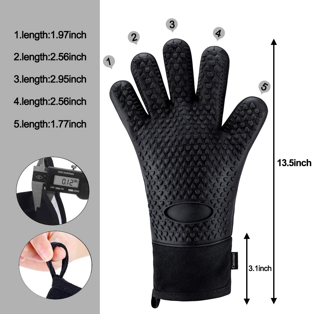 Comsmart BBQ Gloves, Heat Resistant Silicone Grilling Gloves, Long Waterproof BBQ Kitchen Oven Mitts with Inner Cotton Layer for Barbecue, Cooking, Baking, Smoker(Black) Comsmart