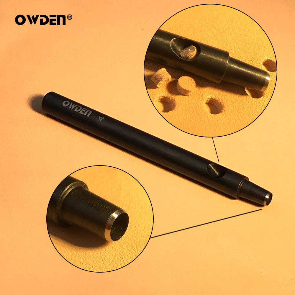 OWDEN Professional 6pc Leather Hollow Punch Set, Size 1.0-5.0mm, Black, Steel, Manual, 6 Holes, Free Mini Cutting Mat OWDEN