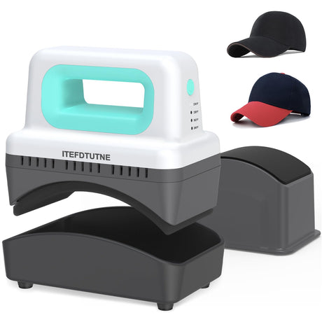 ITEFDTUTNE Hat Press Machine, Mini Hat Heat Press Machine with 4 Heating Levels & Auto-Off, Handheld Cap Easy Press with 3.5"×5.5" Curved Heat Plate, 2 Press Platens, A Safety Base, Green ITEFDTUTNE