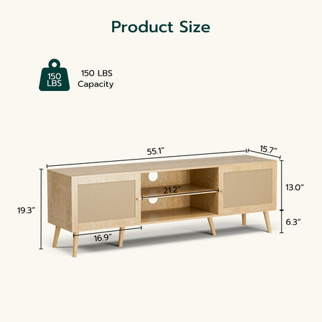 ZttRiee TV Stand for TVs up to 65'', Entertainment Center with Rattan Door, Shelves & 2 Cabinets, Long Boho Media TV Console for Living Room, Natural ZttRiee