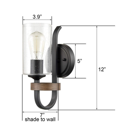 HYDELITE Industrial Seeded Cylindrical Glass Black Wall Sconce | Farmhouse Black & Wood Grain Finish Accented Bathroom Wall Light Oil Rubbed Bronze for Bathroom Hallway