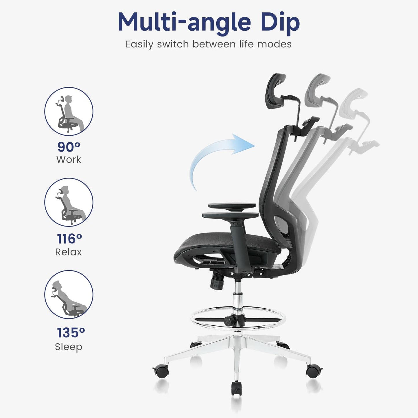 Nouhaus Mesh Office Chair Ergonomic Drafting Desk Chairs High Back with Adjustable Headrest, Armrest, Foot Ring and Integrated Coat Hanger, Swivel Computer Gaming darft Chair Tilt Function (Black)