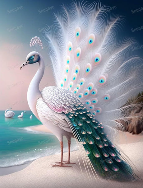 White Peacock by The Sea Diamond Painting Kits, 12x12inch Diamond Painting for Beginners Round Gemstone Cross Stitch Crafts for Room Decor Bathroom Decor, Interactive Gifts Weatphe