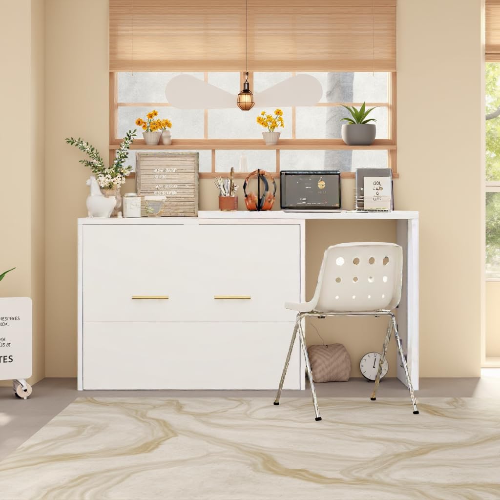 LUMISOL Twin Size Murphy Cabinet Bed with Desk, Wood Murphy Bed with Foldable Cushion for Guest Room, Small Space, White LUMISOL