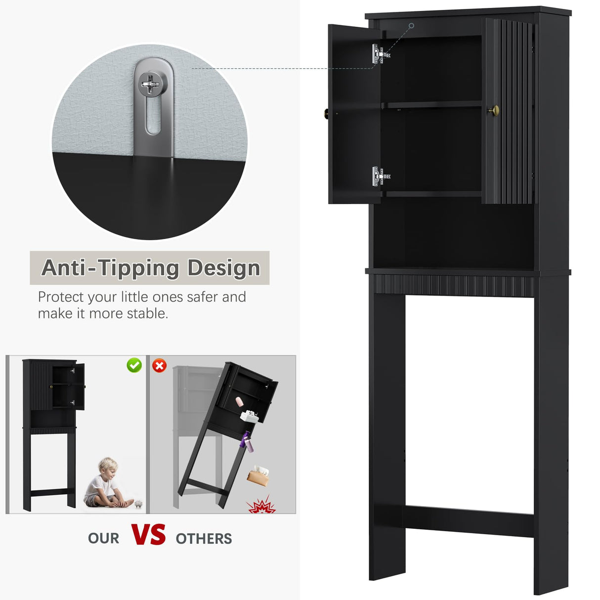 Baztin Over The Toilet Storage Cabinet, Over The Toilet Storage with Fluted Door Over The Toilet Cabinet with Adjustable Shelf Above The Toilet Storage Cabinet for Bathroom Organizer, Black Baztin