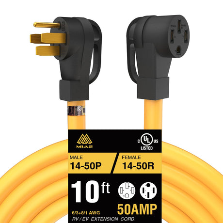 M1A2 RV Power Yellow Extension Cord 10 FT Waterproof NEMA 14-50P Male to 14-50R Female Heavy Duty 6/3+8/1 Gauge STW Wire with Grip Handle UL Listed 4 Prong 50 Amp 10 Feet M1A2