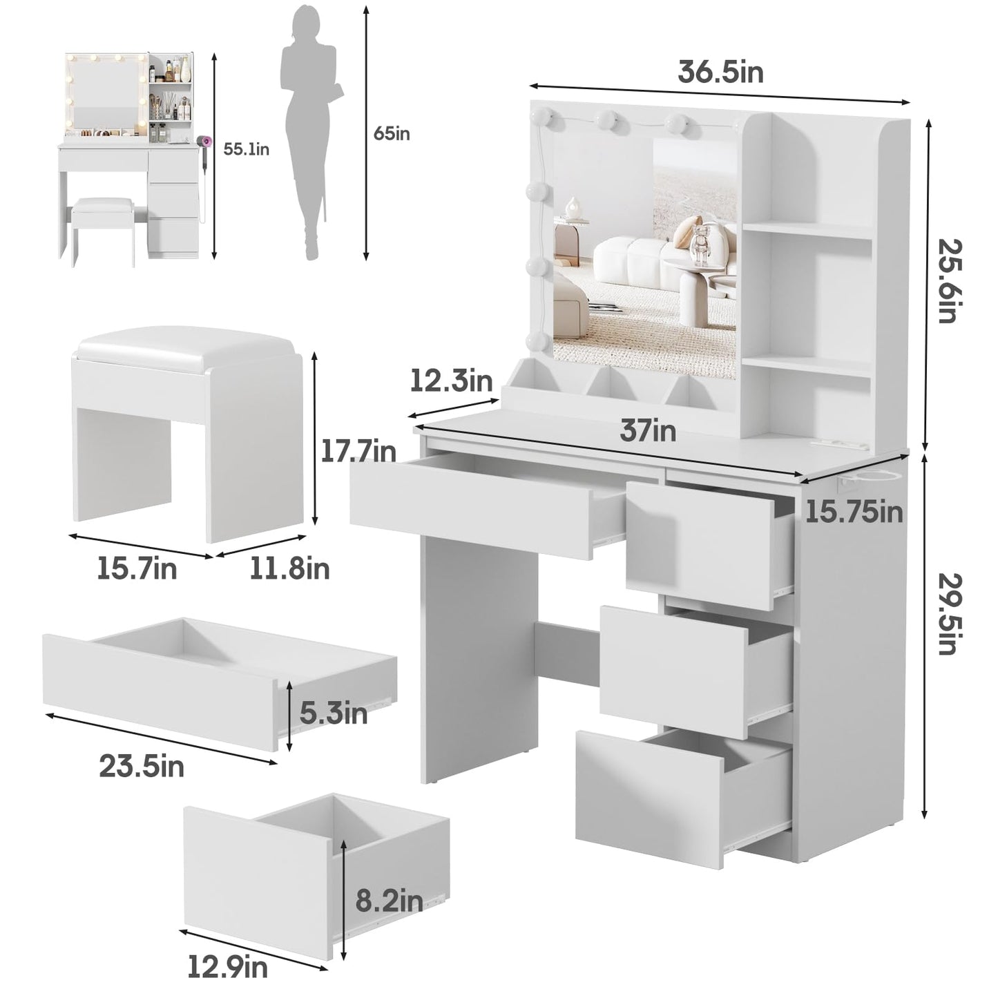 Vabches Vanity, Makeup Vanity Desk Set with Mirror & Light, Dressing Table Storage Lots with Power Strip, 3 Lighting Modes with Adjustable Brightness, 37 Inches (White) (White with Stool) - WoodArtSupply