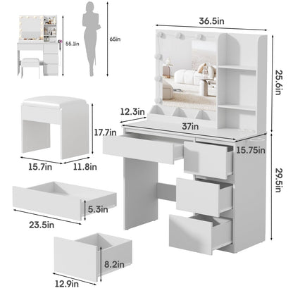 Vabches Vanity, Makeup Vanity Desk Set with Mirror & Light, Dressing Table Storage Lots with Power Strip, 3 Lighting Modes with Adjustable Brightness, 37 Inches (White) (White with Stool) - WoodArtSupply