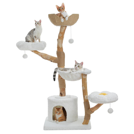 PAWZ Road Cat Tree for Indoor Cats Large Adults, 59 Inches Modern Cat Tower with Large Basket and Hammock, Natural Solid Wood, Luxury Condo & Dual Perches, Modern Cat Furniture for Big Cats, White PAWZ Road