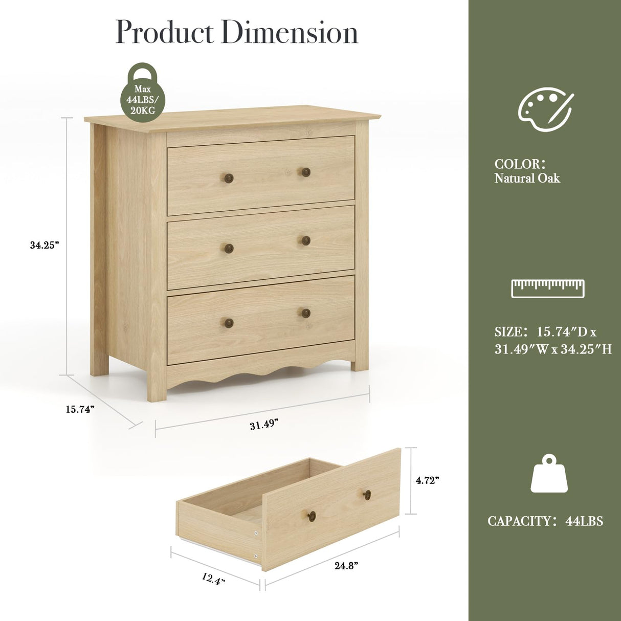 CHYMSUN Oversized 3 Drawer Dresser for Bedroom, Mid Century Modern Wooden Dressers Chest of Drawers with Handles, Waveform Nightstand Dresser, Storage Organizer for Bedroom, Living Room, Wood CHYMSUN