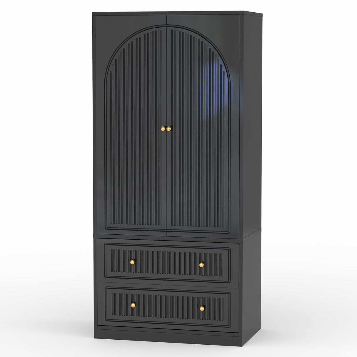 Wardrobe Closet with 2 Door & 2 Drawers, 71" Black Bedroom Wooden Armoire with Hanging Rod, Freestanding Large Capacity Clothing Wardrobe Cabinet w/Gold Handles for Bedroom Buenhomino