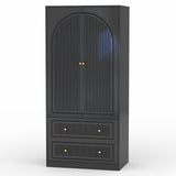 Wardrobe Closet with 2 Door & 2 Drawers, 71" Black Bedroom Wooden Armoire with Hanging Rod, Freestanding Large Capacity Clothing Wardrobe Cabinet w/Gold Handles for Bedroom Buenhomino