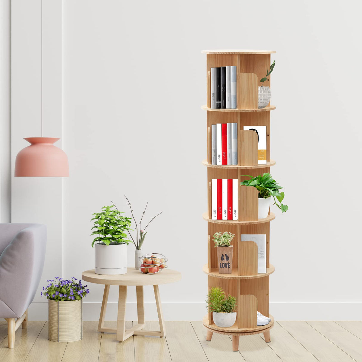 Netcoin 360° Freestanding Rotating Wooden Bookshelf for Efficient Storage and Display Netcoin