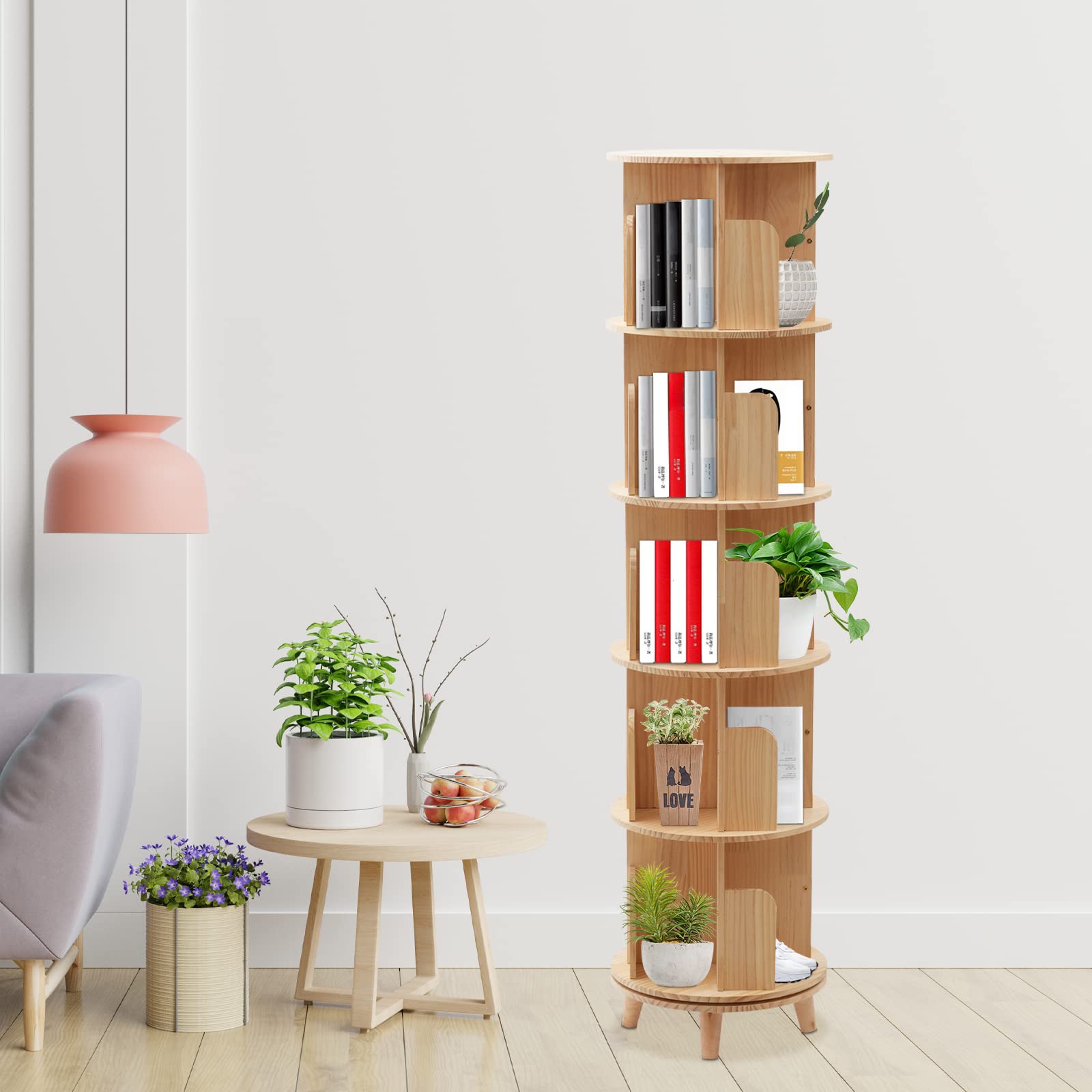 Netcoin 360° Freestanding Rotating Wooden Bookshelf for Efficient Storage and Display - WoodArtSupply