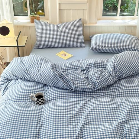 Blue Gingham Comforter Set Queen Modern Plaid Checkered Pattern Comforter 3 Pieces Blue Grid Comforter with 2 Pillowcases Soft Fluffy Gingham Bedding Set Farmhouse Plaid Comforter Set for All Seasons LifeTB