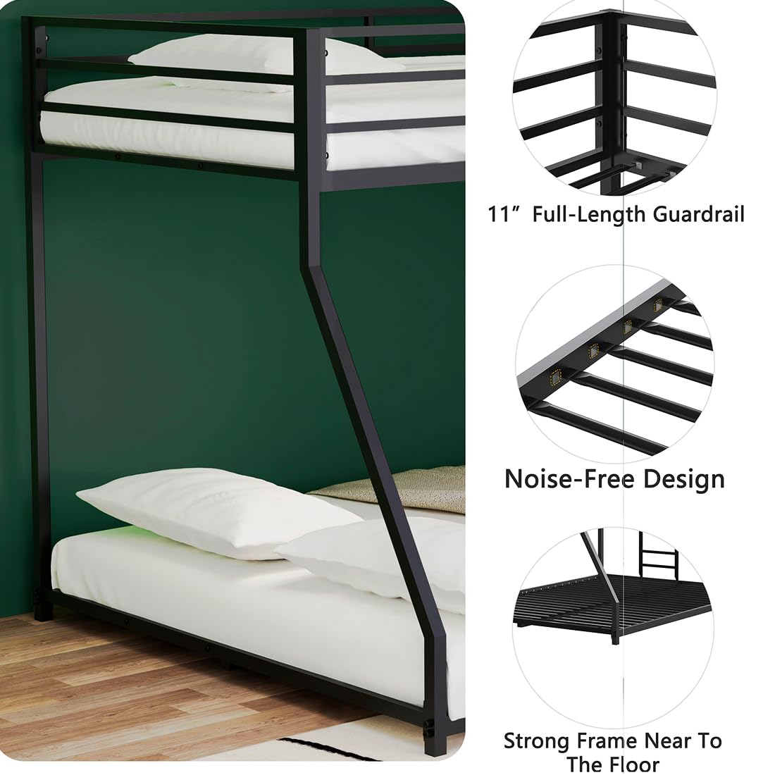 Adam Twin Over Full Bunk Bed with Trundle, Heavy-Duty Metal Triple Bunk Beds with Side Ladders & Safety Guard Rail, 3 in 1 Bunk Beds for Kids Teens, No Box Spring Needed,Easy to Assemble,Black