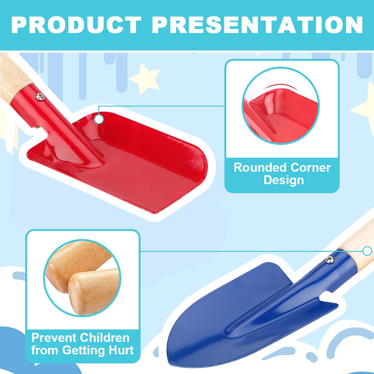 WEILAIDI Beach Toys,5 Pcs Children Beach Sand Toys,8'' Kids Gardening Set Metal Garden Tools with Sturdy Wooden Handle,Safe Kids Shovel with Spoon, Fork, Rake, Flat Shovel & Pointed Shovel for Kids WEILAIDI