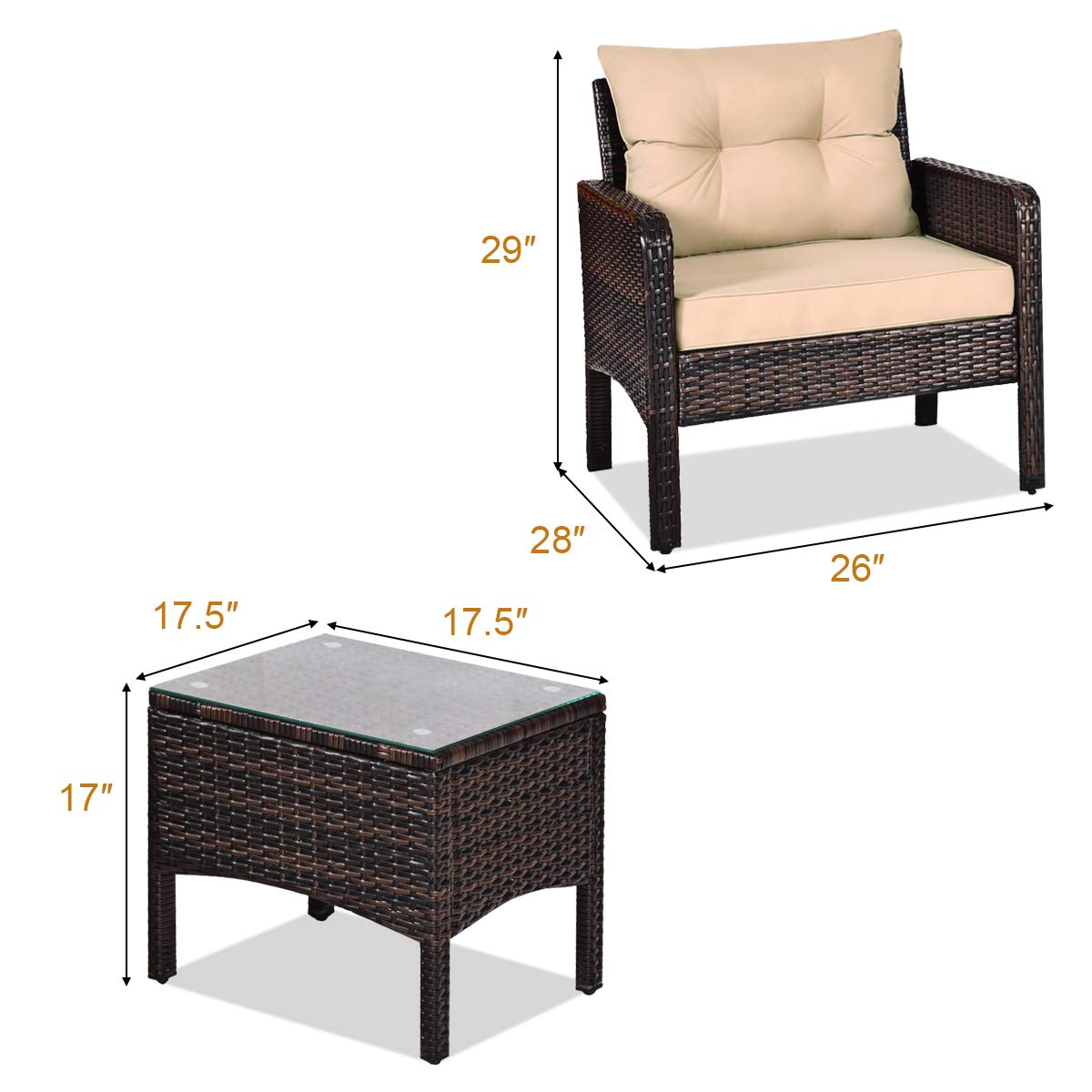 Tangkula 3 Piece Outdoor Patio Furniture Set for 2, Wicker Chairs with Glass Top Coffee Table, Thick Cushions, All Weather Garden Lawn Poolside Backyard Porch (Brown) - WoodArtSupply