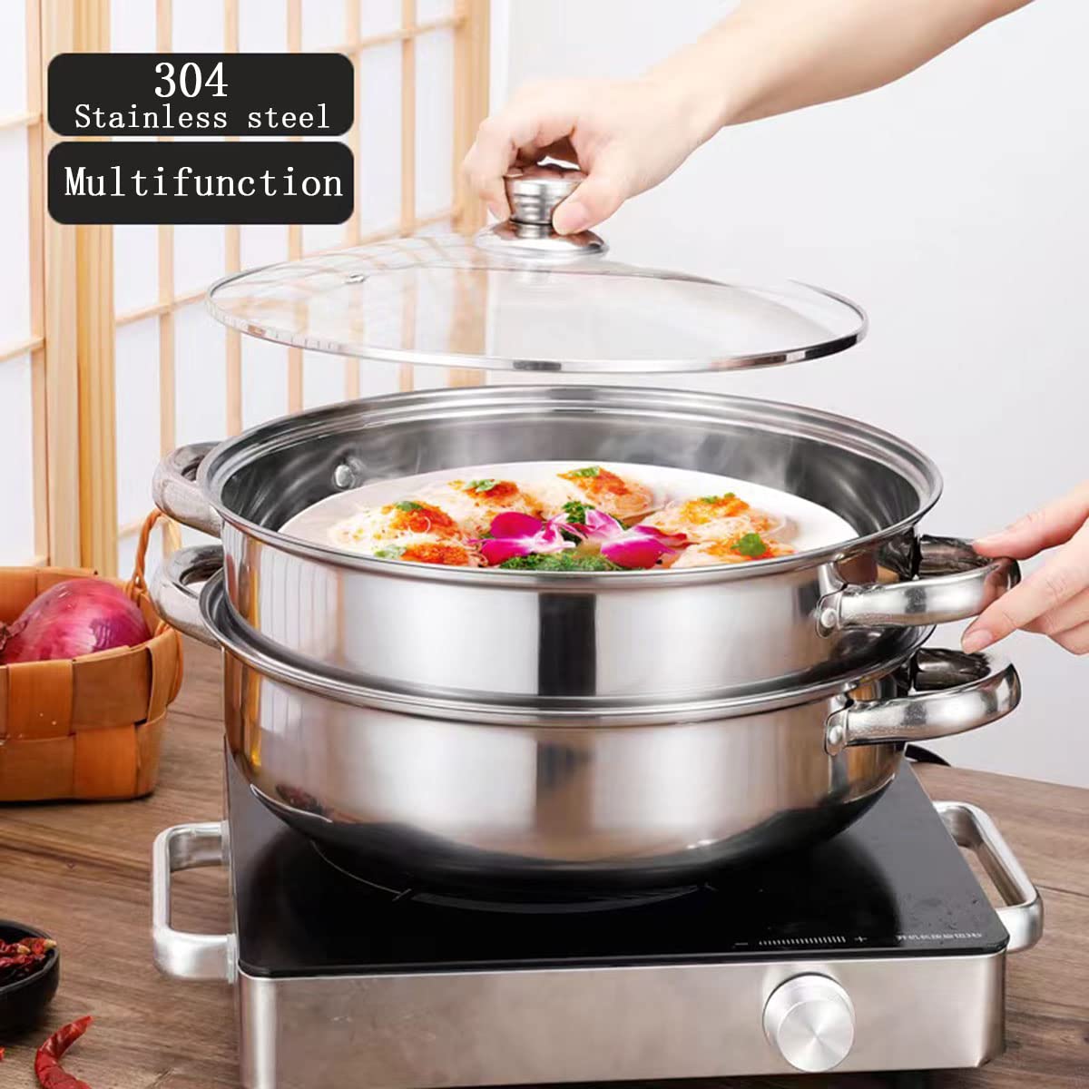 Steamer for Cooking, 18/8 Stainless Steel Steamer Pot, Food Steamer Steam Pots with Lid for Cooking Vegetables, Seafood, Soups, Stews and Pasta 10.9 x 6.1 inch LCPUD